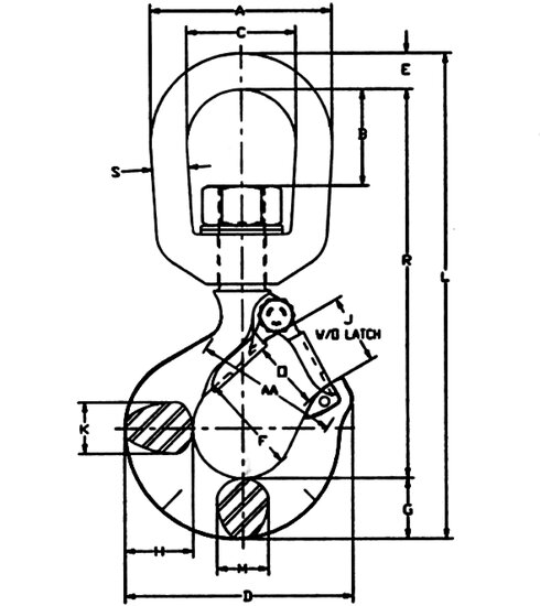 Crosby L-322 AN and L-322 CN Swivel Hook measurements