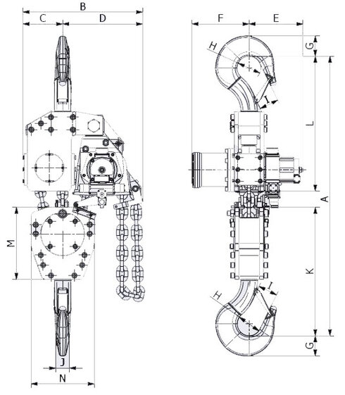 The air chain hoist RED ROOSTER TNC measurements.